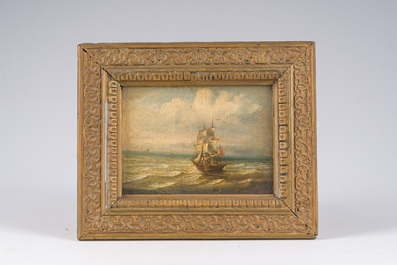 J. Deventer (19&egrave;me si&egrave;cle): Voilier en mer, huile sur toile maroufl&eacute;e sur panneau