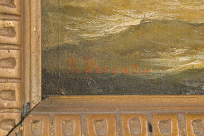 J. Deventer (19&egrave;me si&egrave;cle): Voilier en mer, huile sur toile maroufl&eacute;e sur panneau