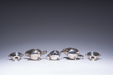 Three English silver sauce boats and a pair of 'armorial' salt cellars, 18th/20th C.