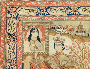 A Persian Kashan (Keshan) Mohtashem rug with Shirin and Khosrow, wool on cotton, late 19th C.