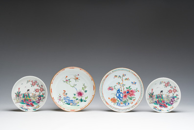 Two Chinese famille rose saucers and two pairs of French Samson famille rose style 'musician' cups and saucers, 18th/19th C.