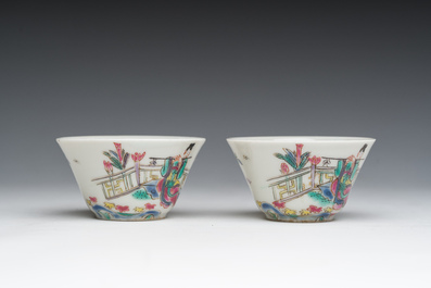 Two Chinese famille rose saucers and two pairs of French Samson famille rose style 'musician' cups and saucers, 18th/19th C.