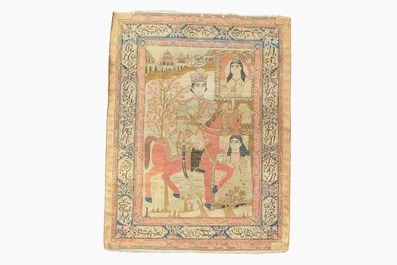 A Persian Kashan (Keshan) Mohtashem rug with Shirin and Khosrow, wool on cotton, late 19th C.