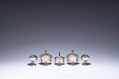 Three English silver sauce boats and a pair of 'armorial' salt cellars, 18th/20th C.