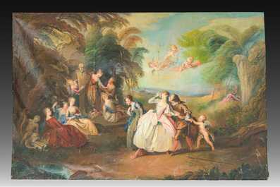 Joseph De Smedt (1894-?), in the manner of Nicolas Lancret (1690-1743): Animated landscape with gallant scenes, oil on canvas