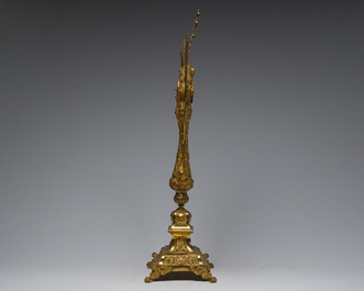 A large French gilt bronze monstrance decorated with cherubs amidst radiant clouds and set with glass stones, ca. 1900