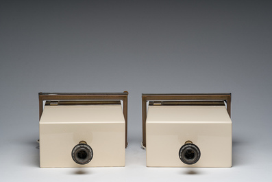 Jean-Claude Mahey (1944): A pair of French brass and lacquered wooden design table lamps, 1970s