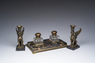 Milo (1955): A pair of bronze 'Retour d'Egypte' candlesticks and a bronze mounted marble ink stand, 19th/20th C.