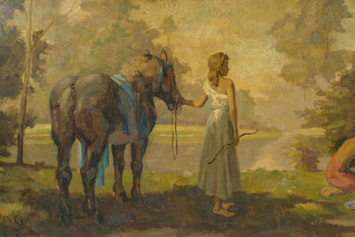 Frans Siaens (1907&ndash;1973): Animated landscape with a bathing Venus and her companions, oil on canvas