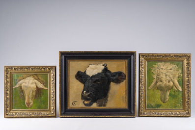 Albert Caullet (1875-1950): Seven various works with sheep heads, cows in the meadow and a horse, oil on painter's board