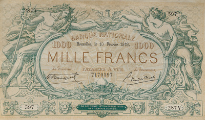 Three Belgian 1000 franc banknotes featuring Neptune and Salacia issued by the National Bank of Belgium, dated 1909-1919