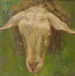 Albert Caullet (1875-1950): Seven various works with sheep heads, cows in the meadow and a horse, oil on painter's board