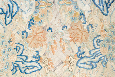 A Chinese vertical silk 'bats in a landscape' embroidery, 19th C.