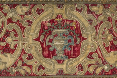 Three Flemish embroideries with floral design and John the Baptist, finished with gold and silver thread, 16th/17th C.