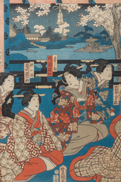 Utagawa Kunisada (Toyokuni III, 1786-1865): Three coloured Japanese Ukiyo-e woodblock prints, Meiji, 19th/20th C.