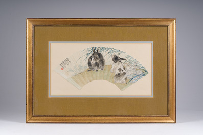 Chinese school: A 'rabbits in a landscape' fan, ink and colours on paper, 19th/20th C.