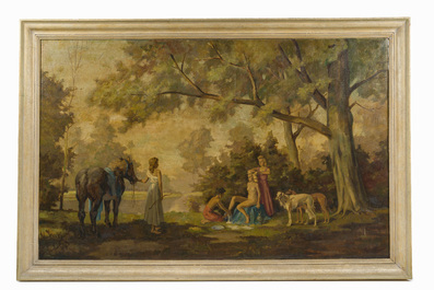 Frans Siaens (1907&ndash;1973): Animated landscape with a bathing Venus and her companions, oil on canvas