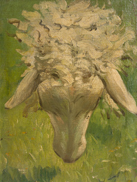 Albert Caullet (1875-1950): Seven various works with sheep heads, cows in the meadow and a horse, oil on painter's board
