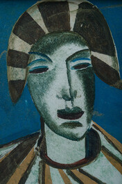 Floris Jespers (1889-1965): 'Mijmerende clown', reverse glass painting, ca. 1957