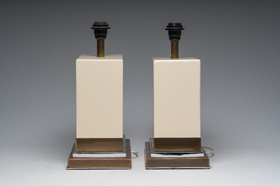 Jean-Claude Mahey (1944): A pair of French brass and lacquered wooden design table lamps, 1970s