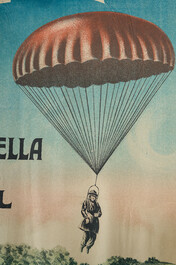 An exceptional poster promoting the (fatal) parachute jump of Lucienne 'Cayat de Castella' Blaise, Courbet &amp; Cie, (1914)