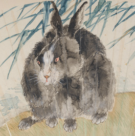 Chinese school: A 'rabbits in a landscape' fan, ink and colours on paper, 19th/20th C.