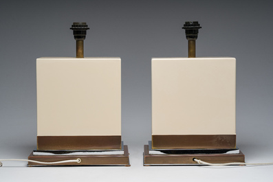 Jean-Claude Mahey (1944): A pair of French brass and lacquered wooden design table lamps, 1970s