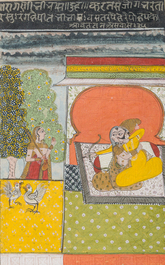 Indian school: Three miniatures with an animated scene and a pair of portraits of an imperial couple, 19th/20th C.