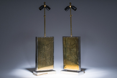 Christian Krekels (1942): A pair of stainless steel and etched brass table lamps with floral design, 1970s