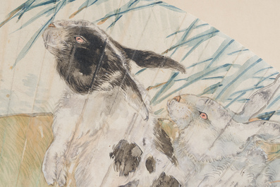 Chinese school: A 'rabbits in a landscape' fan, ink and colours on paper, 19th/20th C.