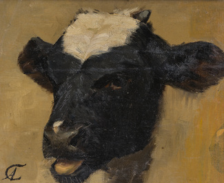 Albert Caullet (1875-1950): Seven various works with sheep heads, cows in the meadow and a horse, oil on painter's board