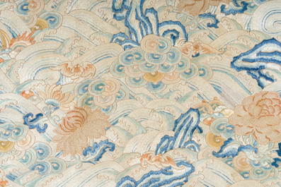 A Chinese vertical silk 'bats in a landscape' embroidery, 19th C.
