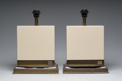 Jean-Claude Mahey (1944): A pair of French brass and lacquered wooden design table lamps, 1970s