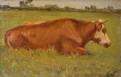 Albert Caullet (1875-1950): Seven various works with sheep heads, cows in the meadow and a horse, oil on painter's board