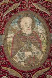 Three Flemish embroideries with floral design and John the Baptist, finished with gold and silver thread, 16th/17th C.