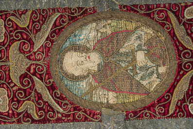 Three Flemish embroideries with floral design and John the Baptist, finished with gold and silver thread, 16th/17th C.