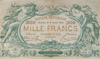 Three Belgian 1000 franc banknotes featuring Neptune and Salacia issued by the National Bank of Belgium, dated 1909-1919