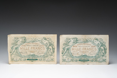 Three Belgian 1000 franc banknotes featuring Neptune and Salacia issued by the National Bank of Belgium, dated 1909-1919