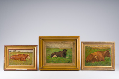 Albert Caullet (1875-1950): Seven various works with sheep heads, cows in the meadow and a horse, oil on painter's board