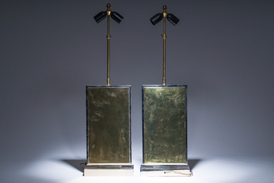 Christian Krekels (1942): A pair of stainless steel and etched brass table lamps with floral design, 1970s