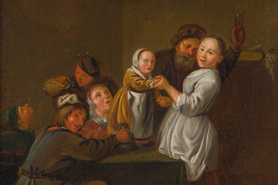 Jan Miense Molenaer (1610-1668 or circle of): Peasants making merry in an interior, oil on canvas, 17th C.