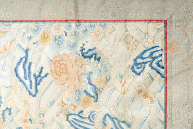 A Chinese vertical silk 'bats in a landscape' embroidery, 19th C.
