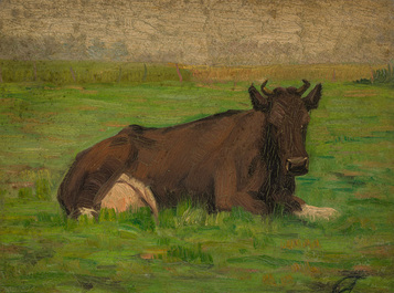 Albert Caullet (1875-1950): Seven various works with sheep heads, cows in the meadow and a horse, oil on painter's board