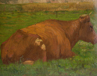Albert Caullet (1875-1950): Seven various works with sheep heads, cows in the meadow and a horse, oil on painter's board