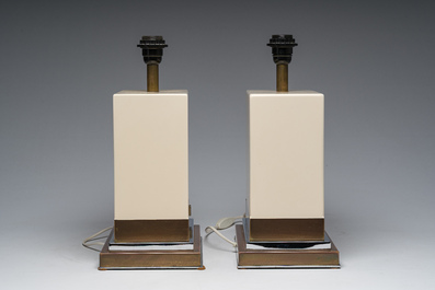 Jean-Claude Mahey (1944): A pair of French brass and lacquered wooden design table lamps, 1970s