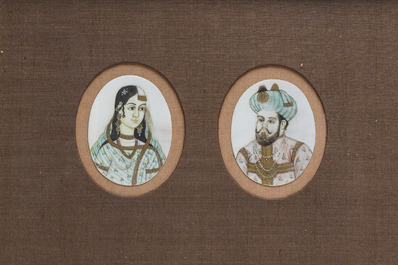 Indian school: Three miniatures with an animated scene and a pair of portraits of an imperial couple, 19th/20th C.