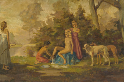 Frans Siaens (1907&ndash;1973): Animated landscape with a bathing Venus and her companions, oil on canvas