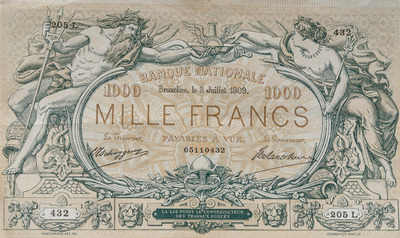 Three Belgian 1000 franc banknotes featuring Neptune and Salacia issued by the National Bank of Belgium, dated 1909-1919