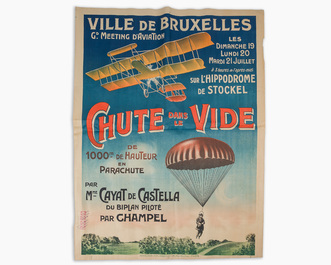 An exceptional poster promoting the (fatal) parachute jump of Lucienne 'Cayat de Castella' Blaise, Courbet &amp; Cie, (1914)
