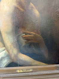 &Eacute;cole fran&ccedil;aise, monogramm&eacute; JFM (Jean Fran&ccedil;ois Millet, 1814-1875 ?): Le mod&egrave;le f&eacute;minin, huile sur papier maroufl&eacute; sur panneau, 19&egrave;me si&egrave;cle